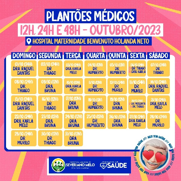 PLANTÕES MÉDICOS DO MÊS DE OUTUBRO DE 2023