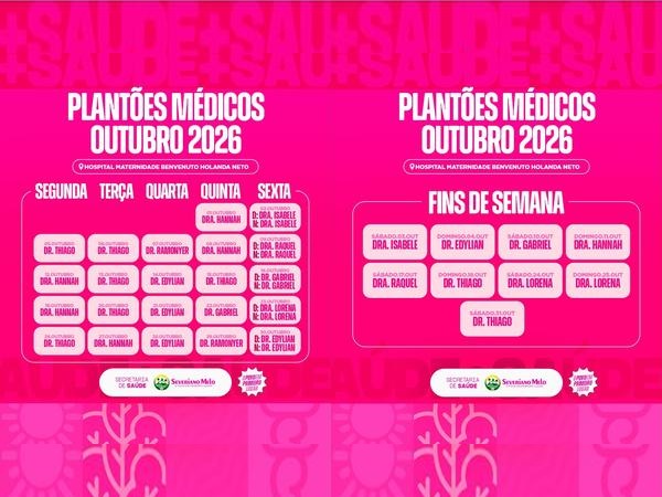PLANTÕES MÉDICOS DO MÊS DE OUTUBRO